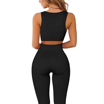 QINSEN Women Padded Sports Bra Fitness Ribbed Workout Running Shirts Yoga 2 Piece Outfits Black L