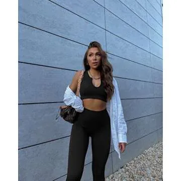 QINSEN Women's Ribbed Fitness Two Piece Outfit - Black