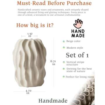 UPWOIGH White Textured Striped Ceramic Vase, Handmade Neutral Beige Vases Home Decor,Vintage Farmhou...