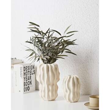 UPWOIGH White Textured Striped Ceramic Vase, Handmade Neutral Beige Vases Home Decor,Vintage Farmhouse Flower Vase Home Décor for Dried Pampas Grass, Living Room, Cafe Table Decor(6.7X4.7in)
