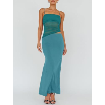Fisoew Summer Sheer Mesh Ruched Maxi Skirt Dress Set