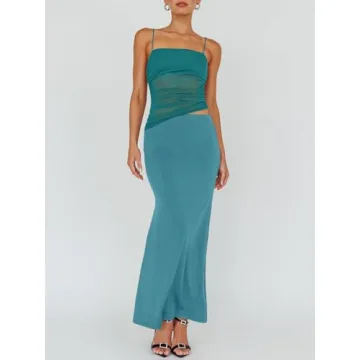 Fisoew Summer Sheer Mesh Ruched Maxi Skirt Dress Set