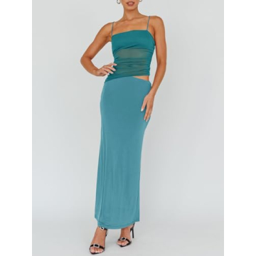 Fisoew Summer Sheer Mesh Ruched Maxi Skirt Dress Set