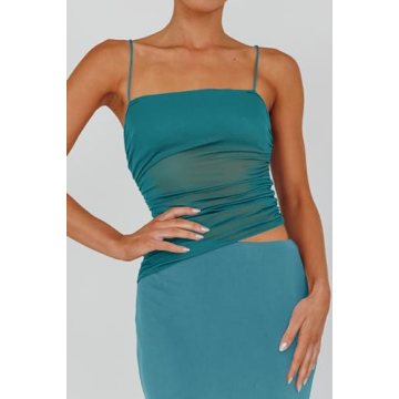 Fisoew Summer Sheer Mesh Ruched Maxi Skirt Dress Set