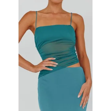 Fisoew Summer Sheer Mesh Ruched Maxi Skirt Dress Set