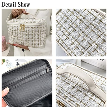 Swyinouni Women's Cosmetic Bag,Check Handbag Cosmetic Bag,Women Girls Essential Travel Bag,Travel Toiletries Organizer,Large Capacity Portable Organizer (White)