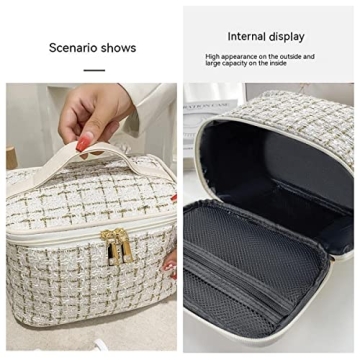 Swyinouni Women's Cosmetic Bag,Check Handbag Cosmetic Bag,Women Girls Essential Travel Bag,Travel Toiletries Organizer,Large Capacity Portable Organizer (White)