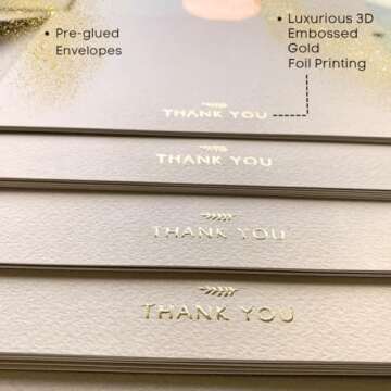 RUN2PRINT (36 Pack) Thank You Cards With Envelopes & Gift of 36 Foiled Stickers - Elegant Emboss Rose Gold Foil Pressed Blank Notes Wedding All Occasion Cards (Beige)