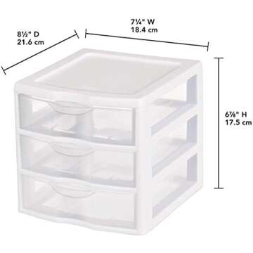 Tribello 3 Drawer Plastic Storage, Mini Drawer Unit, White Frame With Clear Drawers for Craft Storage - 8.5"L X 7"W X10"H Inches - (1 Pack)