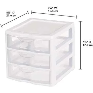 Tribello 3 Drawer Plastic Storage, Mini Drawer Unit, White Frame With Clear Drawers for Craft Storage - 8.5"L X 7"W X10"H Inches - (1 Pack)