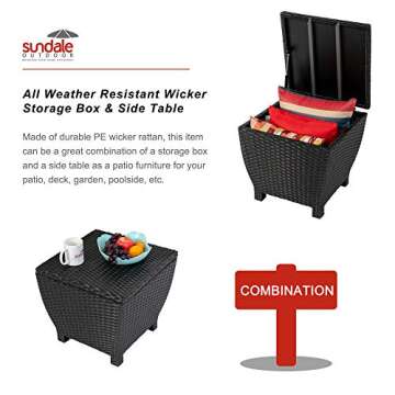 Sundale Outdoor Small Deck Storage Box with Lid, 13 Gallon Small Outdoor Bin Storage Container for Hose Cushions Towels, Patio Black Side Wicker Table with Storage-Steel, Rattan, Square