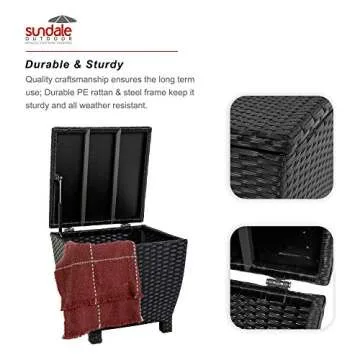 Sundale Outdoor Small Deck Storage Box with Lid, 13 Gallon Small Outdoor Bin Storage Container for Hose Cushions Towels, Patio Black Side Wicker Table with Storage-Steel, Rattan, Square