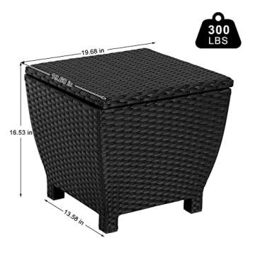 Sundale Outdoor Small Deck Storage Box with Lid, 13 Gallon Small Outdoor Bin Storage Container for Hose Cushions Towels, Patio Black Side Wicker Table with Storage-Steel, Rattan, Square