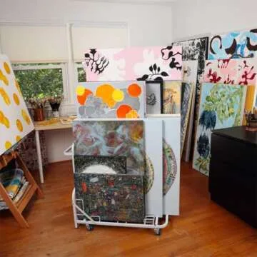 Dryden Art Canvas Storage Rack & Frame Keeper, Mobile Cart, Large Floor Model with Casters and Handle - 33" x 25.5" x 30.5" - White