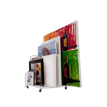 Dryden Art Canvas Storage Rack & Frame Keeper, Mobile Cart, Large Floor Model with Casters and Handle - 33" x 25.5" x 30.5" - White