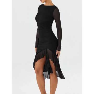 BORIFLORS Women's Sexy Ruched Bodycon Midi Dresses Elegant Mesh Long Sleeve Ruffle Hem Cocktail Part...