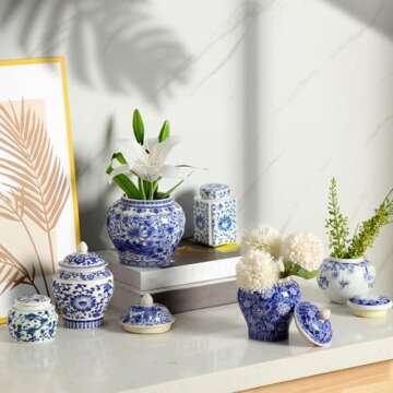 Hushee Small Blue and White Vase Porcelain Vases Blue Chinoiserie Decor Porcelain Ginger Jars for Home Decor Chinoiserie Decor for Bedroom Table Accent Shelf Tabletop(Novelty,6 Pcs)