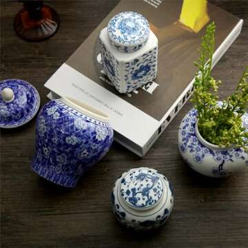 Hushee Small Blue and White Vase Porcelain Vases Blue Chinoiserie Decor Porcelain Ginger Jars for Home Decor Chinoiserie Decor for Bedroom Table Accent Shelf Tabletop(Novelty,6 Pcs)