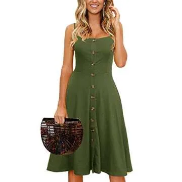 Berydress Women's Casual Beach Summer Dresses Solid Cotton Flattering A-Line Spaghetti Strap Button Down Midi Sundress