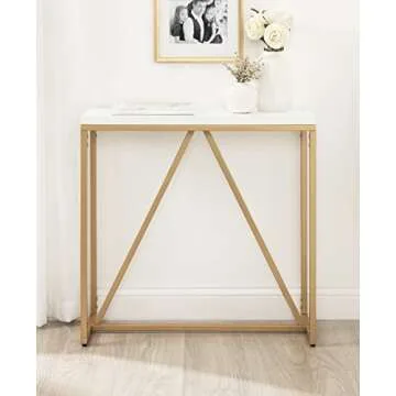 Kate and Laurel Kaya Modern Glam Console Table, 30 x 30 x 10, White and Painted Gold, Rectangle Two-Tone Entryway Table with Geometric Metal Base and Mixed Materials Design