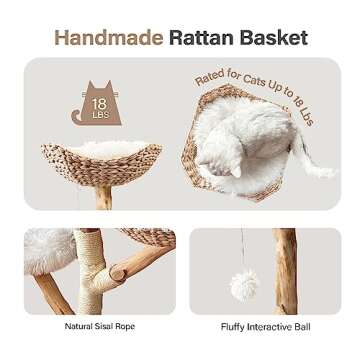 Injollylives Modern Cat Tree, Wooden Cat Tower, Aesthetic Cat Tree Tower for Large Cats, Unique Heavy Duty Cat Tree with Real Wood Branches, Luxury Boho Cat Furniture