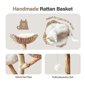 Injollylives Modern Cat Tree, Wooden Cat Tower, Aesthetic Cat Tree Tower for Large Cats, Unique Heavy Duty Cat Tree with Real Wood Branches, Luxury Boho Cat Furniture