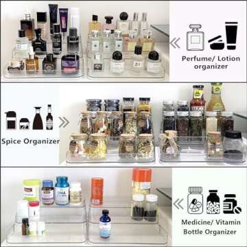 Rusnugic Perfume Organizer - 2 Pack Three-Tiered Shelf - Perfume Lotion Skincare Stand, Spice Vitamins Medicine Bottles Holder,Sturdy Clear Rack for Kitchen Bathroom Countertop Cabinet Storage