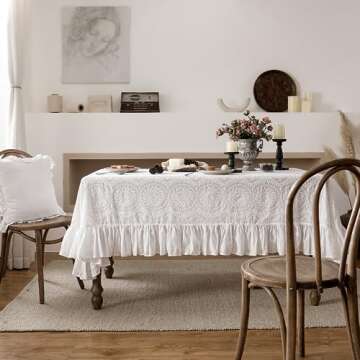 patdrea Vintage Ruffle Tablecloth for Rectangle Tables,Farmhouse Embroidered Cotton White Lace Table Cloth Cover Decor for Dining Room Wedding Banquet Thanksgiving Christmas,67"*106"