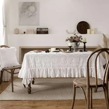 patdrea Vintage Ruffle Tablecloth for Rectangle Tables,Farmhouse Embroidered Cotton White Lace Table Cloth Cover Decor for Dining Room Wedding Banquet Thanksgiving Christmas,67"*106"