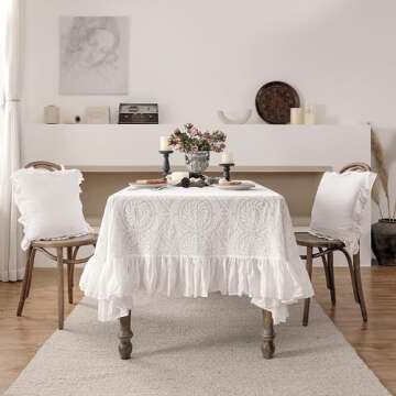 patdrea Vintage Ruffle Tablecloth for Rectangle Tables,Farmhouse Embroidered Cotton White Lace Table Cloth Cover Decor for Dining Room Wedding Banquet Thanksgiving Christmas,67"*106"