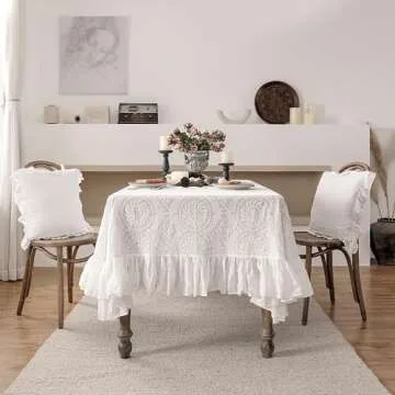 patdrea Vintage Ruffle Tablecloth for Rectangle Tables,Farmhouse Embroidered Cotton White Lace Table Cloth Cover Decor for Dining Room Wedding Banquet Thanksgiving Christmas,67"*106"