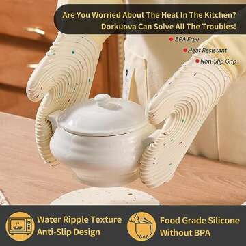 Dorkuova Silicone Mitts Oven,Silicone Oven Mitts Pair,Oven Gloves, BPA-Free, Long Cooking Mitts,Oven mits/Glove Set for BBQ, 4 Pieces (Milky White)