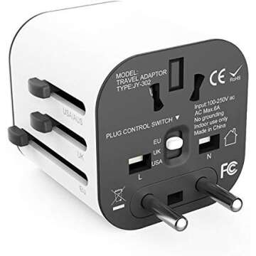 Travel Adapter Worldwide All in One Universal Travel Adaptor Wall AC Power Plug Adapter Wall Charger with Dual USB Charging Ports for USA EU UK AUS(White)