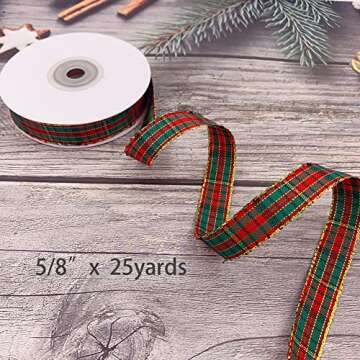 5/8" Christmas Ribbons Xmas Plaid Ribbons Craft Ribbon Checked Ribbon Bows Wrapping Ribbons with Mea...
