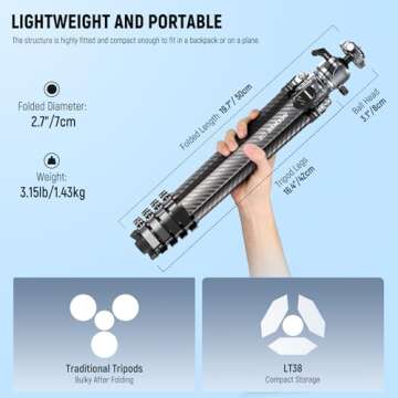 NEEWER LITETRIP LT38 61" Compact Carbon Fiber Travel Tripod with 360° Ball Head for Max Load of 22l...