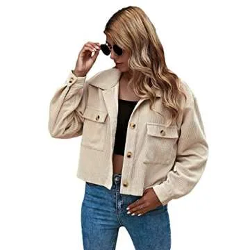 Verdusa Women's Button Up Pocket Front Crop Corduroy Jacket Outerwear Apricot M