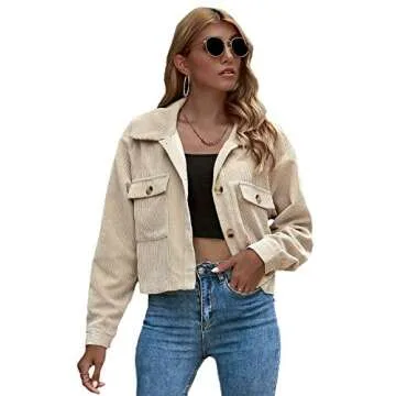 Verdusa Women's Button Up Pocket Front Crop Corduroy Jacket Outerwear Apricot M