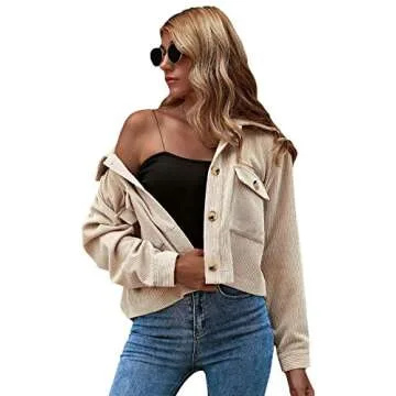 Verdusa Women's Button Up Pocket Front Crop Corduroy Jacket Outerwear Apricot M