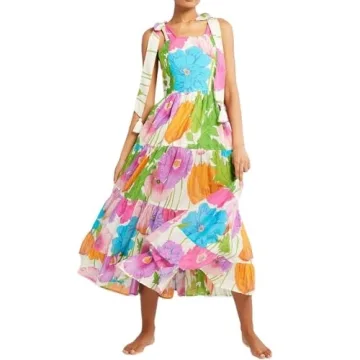 Women Summer Dresses Flowy Smocked Maxi Dress Sleeveless Tie Shoulder Boho Dresses Y2K Floral Beach ...