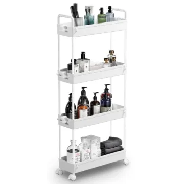 SOLEJAZZ Slim Storage Cart, 4 Tier Bathroom Organizer Mobile Shelving Unit, Rolling Utility Cart Sli...