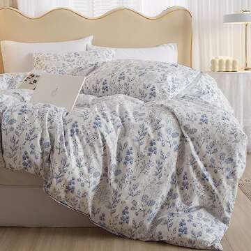 Twin Size Cute White Duvet Cover with Blue Floral Print,Coquette Bedding Set Soft Cotton Comforter C...