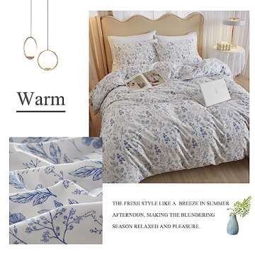 Twin Size Cute White Duvet Cover with Blue Floral Print,Coquette Bedding Set Soft Cotton Comforter Cover Boho Style,Aesthetic Twin Bedding Set with Zipper Closure 4 Ties