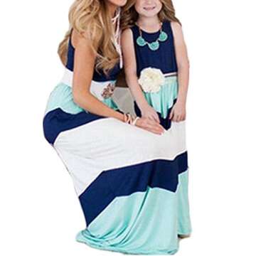Bai You Mei Mommy and Me Matching Dresses Summer Party Long Maxi Beach Sundress Blue+White S
