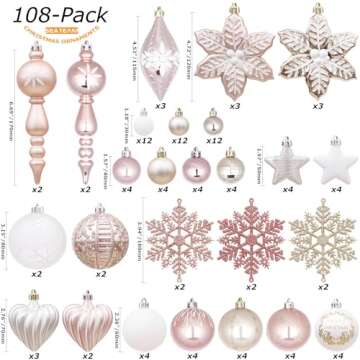 Sea Team 108-Pack Assorted Shatterproof Christmas Ball Ornaments Set Decorative Baubles Pendants with Reusable Hand-held Gift Package for Xmas Tree (Rose Gold)