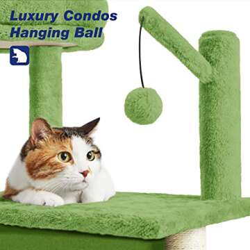 TSCOMON 36.6inch Medium Cat Tree House Condo for Indoor Cats, Soft Plush Multi-Level Climbing Tree Cat House with Hammock, Scratching Post, Sisal Staircase, Light Green