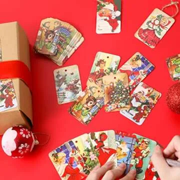 ZOIIWA 120 PCS Vintage Christmas Gift Tags with Hemp Rope Xmas Labels Merry Christmas Claus Name Tags for Christmas Festival Decorative Presents Labels Wrapping Party Favors Decorations