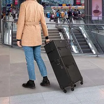 mefeir 2 in 1 Rolling Makeup Train Case, Travel Makeup Organizer Cosmetic Display Case, Aluminum Cosmetology Supply Suitcase on Wheels, Beauty Storage Luggage Lockable w/4 Removable Wheels (Black)