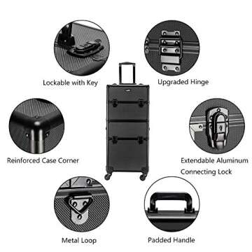 mefeir 2 in 1 Rolling Makeup Train Case, Travel Makeup Organizer Cosmetic Display Case, Aluminum Cosmetology Supply Suitcase on Wheels, Beauty Storage Luggage Lockable w/4 Removable Wheels (Black)