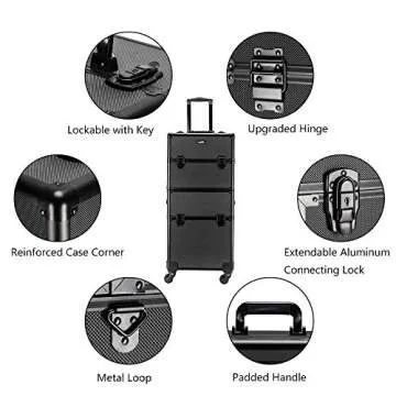 mefeir 2 in 1 Rolling Makeup Train Case, Travel Makeup Organizer Cosmetic Display Case, Aluminum Cosmetology Supply Suitcase on Wheels, Beauty Storage Luggage Lockable w/4 Removable Wheels (Black)