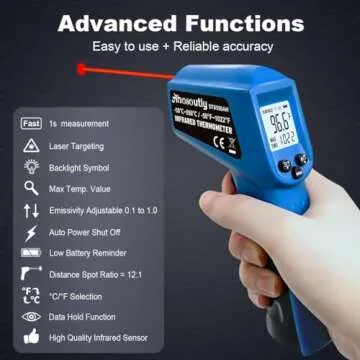 Ahosoutly Infrared Thermometer Temperature Gun - 58 ℉~1022 ℉ (- 50 ℃~550 ℃) Non-Contact Digital Laser Infrared Ir Thermometer for Cooking, Barbecue, Food, Repair, Pet Care and Home Use(Blue)